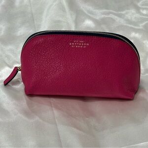 Smythson Of Bond St Cosmetic Case In Panama Leather Fuschia Pink & Gold Zip
